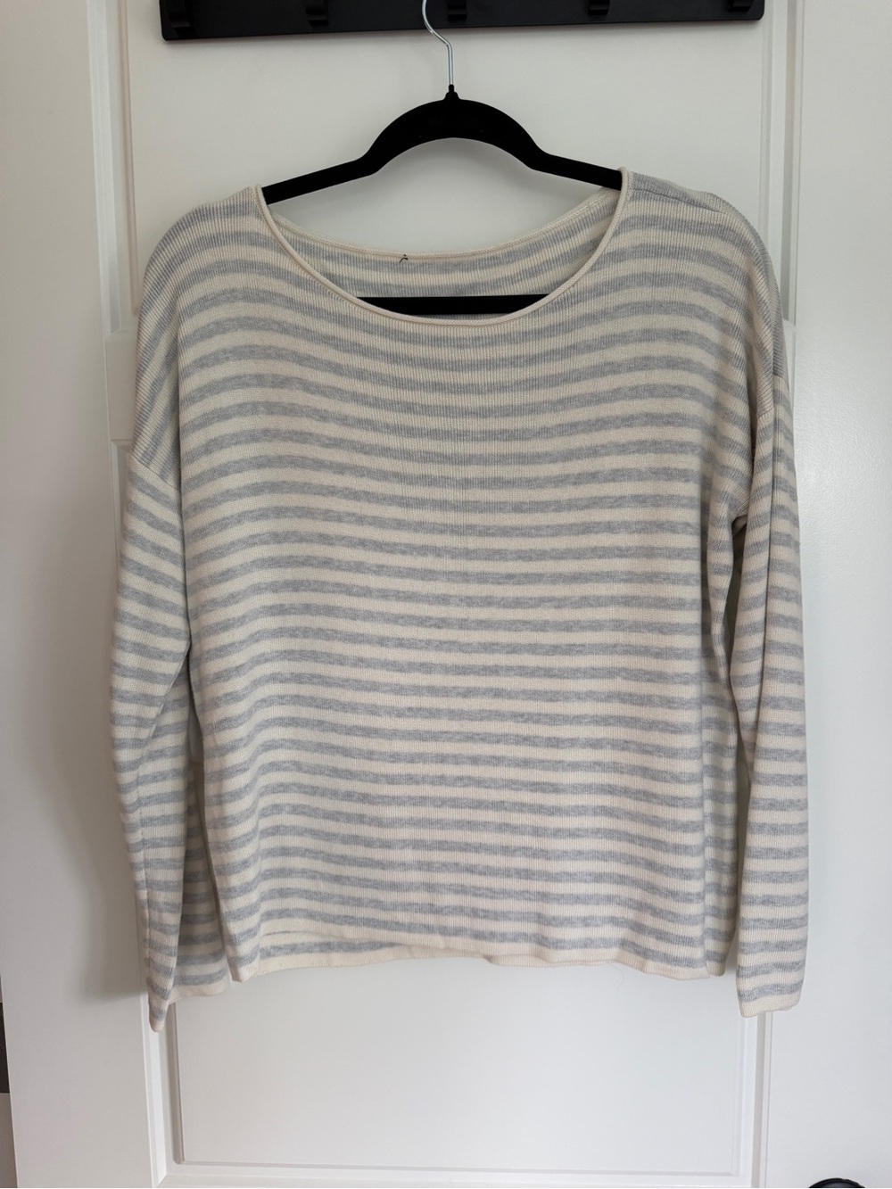 Eileen Fisher Organic Cotton Cream and Light Gray Striped Scoop Neck Sweater